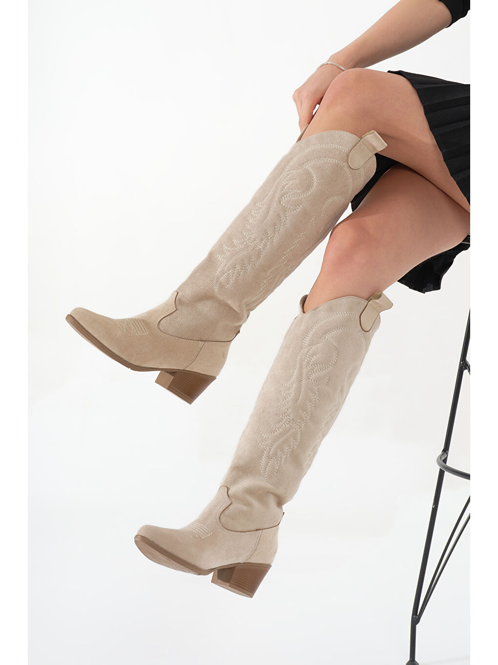 Bej Kadın Ten Süet Termo Taban Nakışlı Western Kovboy Bot-2