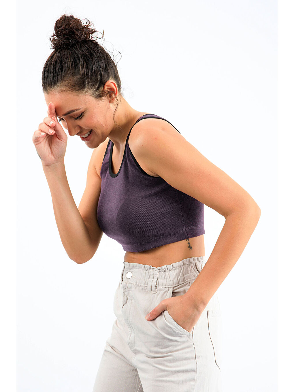 Açık Mor Basic Sıfır Kol Dar Kalıp U Yaka Kadın Crop Top Atlet - 97162-3