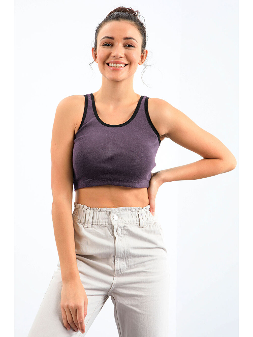 Açık Mor Basic Sıfır Kol Dar Kalıp U Yaka Kadın Crop Top Atlet - 97162-4