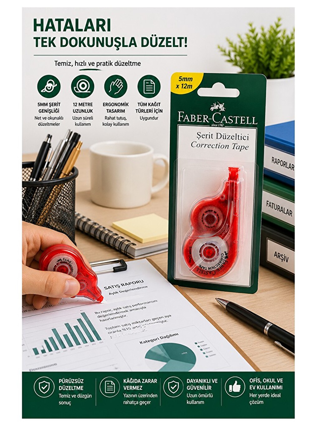Şerit Daksil Beyaz 5mmx12 Metre 1 Adet Faber Castell Şerit Düzeltici Şerit Silici Yazı Silici Büro