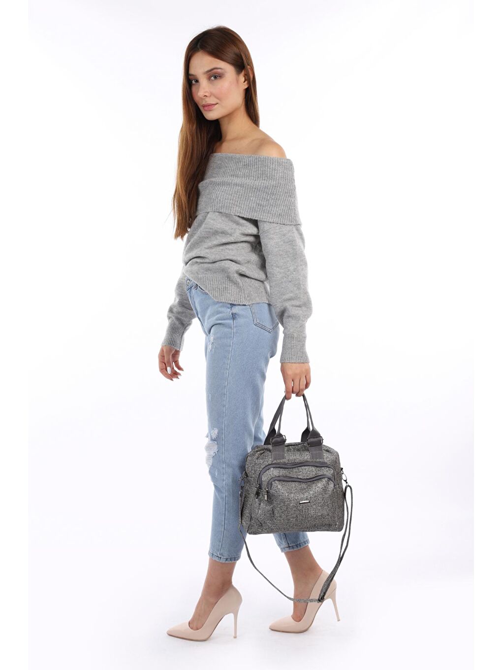 Gri Çok Bölmeli Fermuarlı Kadın Omuz Çantası-1