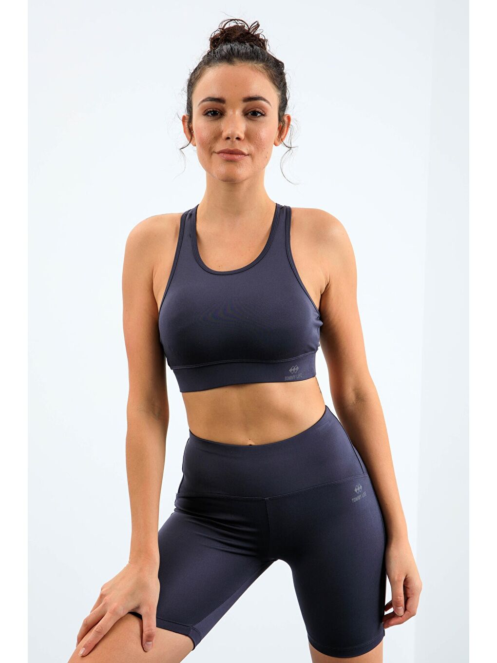 Antrasit Yüksek Bel Toparlayıcı Slim Fit Büstiyer Biker Kadın Tayt Takım - 95303