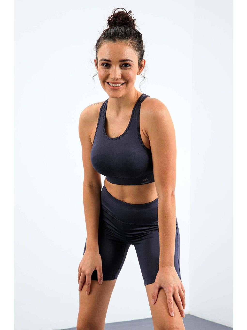 Antrasit Yüksek Bel Toparlayıcı Slim Fit Büstiyer Biker Kadın Tayt Takım - 95303-3