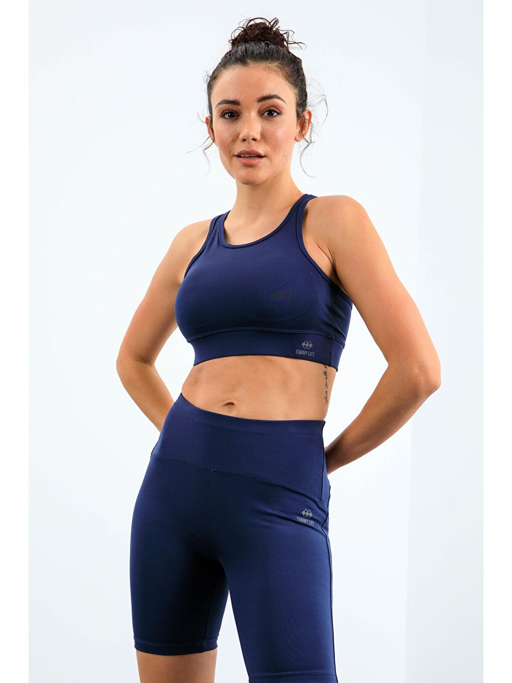 İndigo Yüksek Bel Toparlayıcı Slim Fit Büstiyer Biker Kadın Tayt Takım - 95303