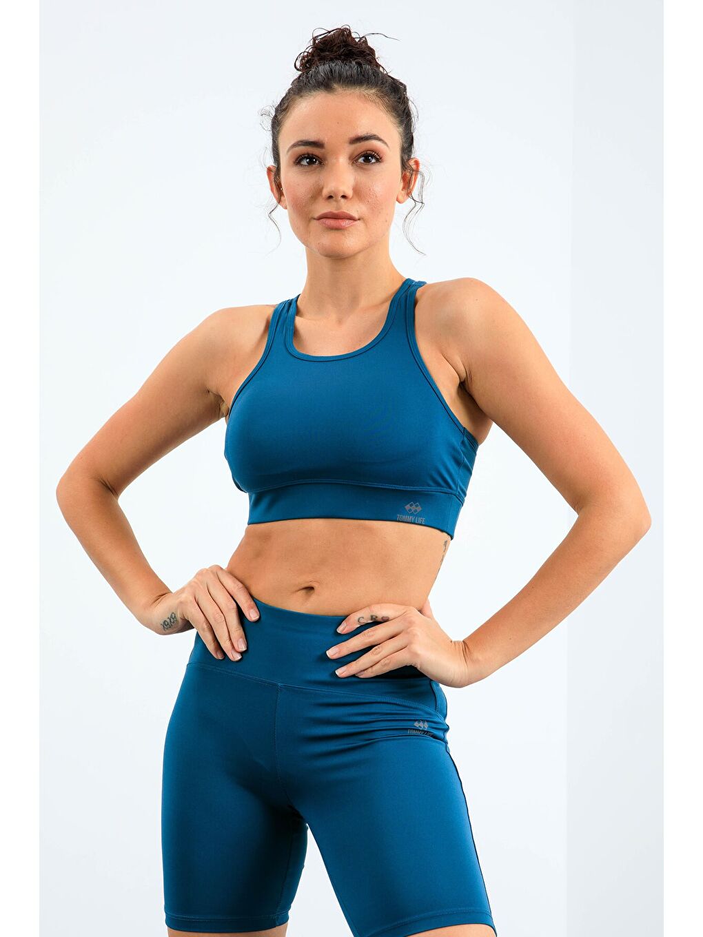 Yeşil Zümrüt Yüksek Bel Toparlayıcı Slim Fit Büstiyer Biker Kadın Tayt Takım - 95303-3