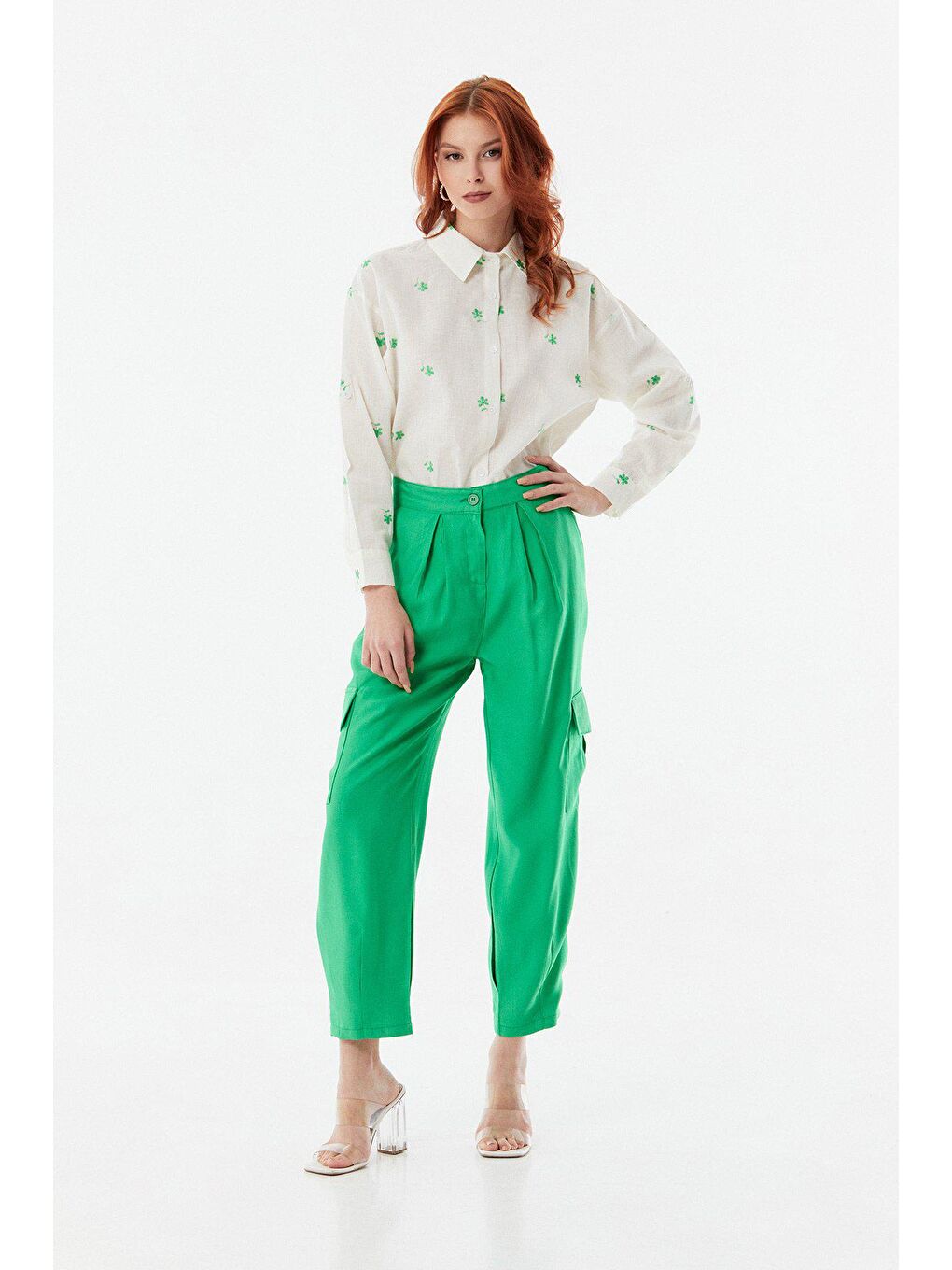 Yeşil Yüksek Bel Kargo Cepli Pantolon