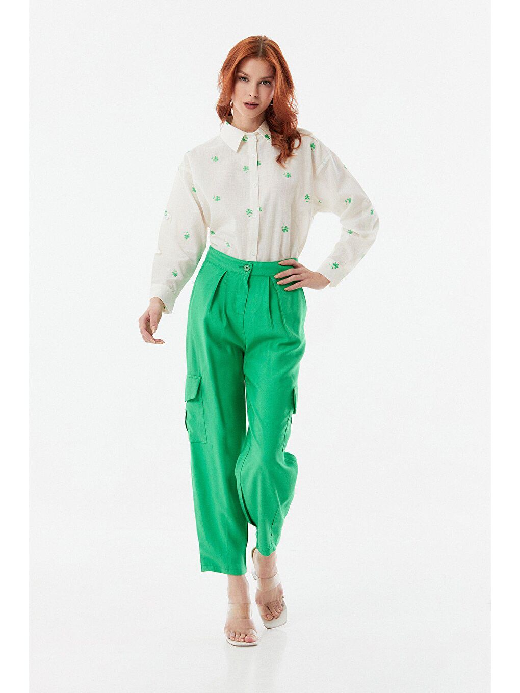 Yeşil Yüksek Bel Kargo Cepli Pantolon-1