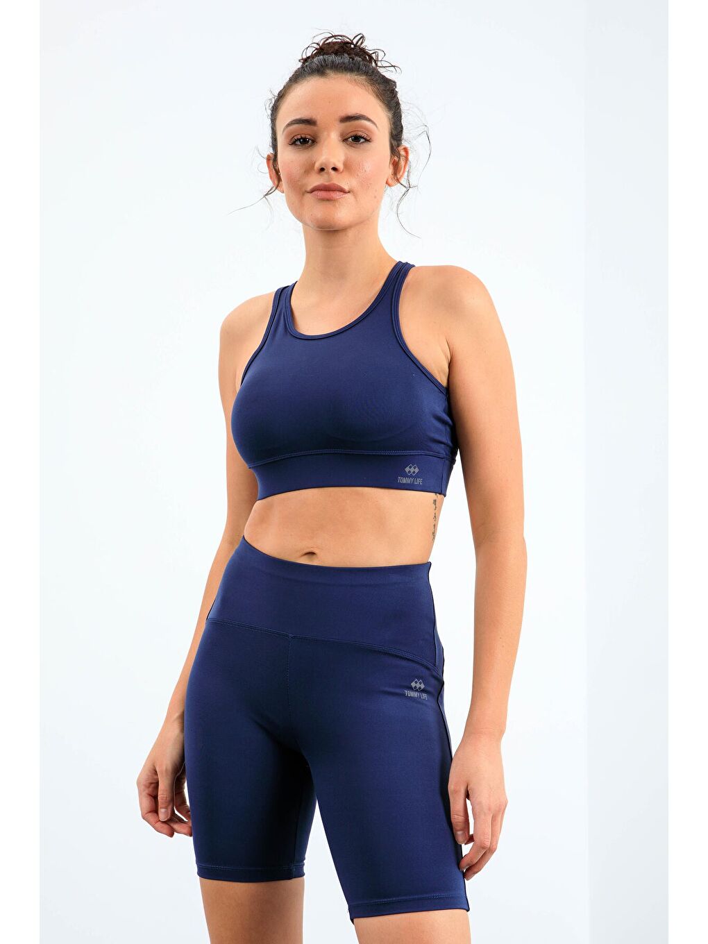 İndigo Yüksek Bel Toparlayıcı Slim Fit Büstiyer Biker Kadın Tayt Takım - 95303-3