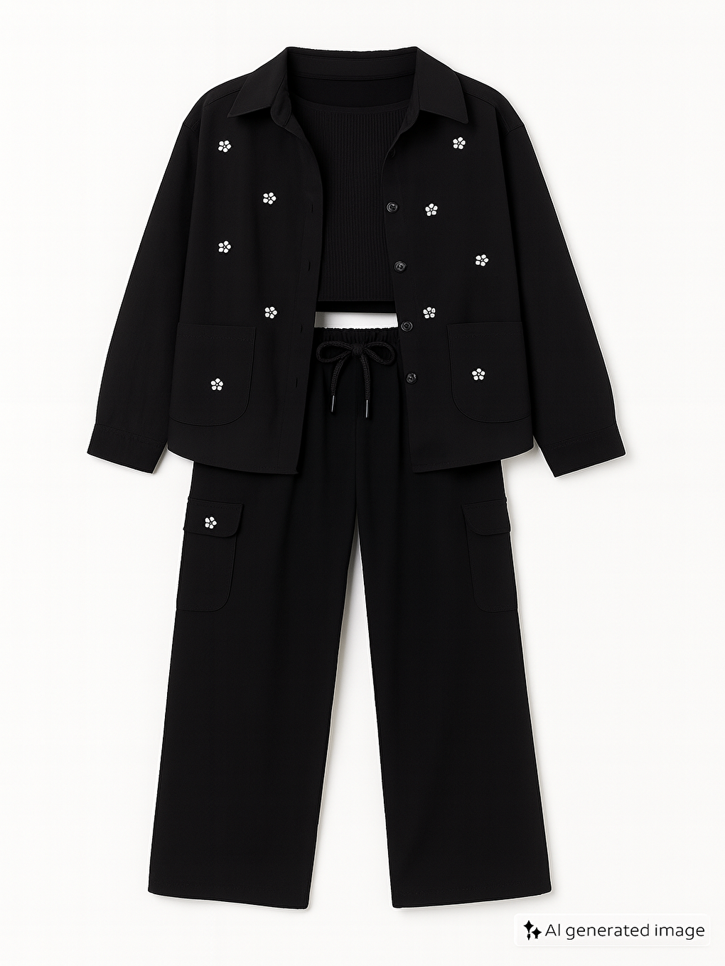 Siyah Kız Çocuk Croplu Taşlı Gömlek ve Pantolonlu 3'lü Takım 20471
