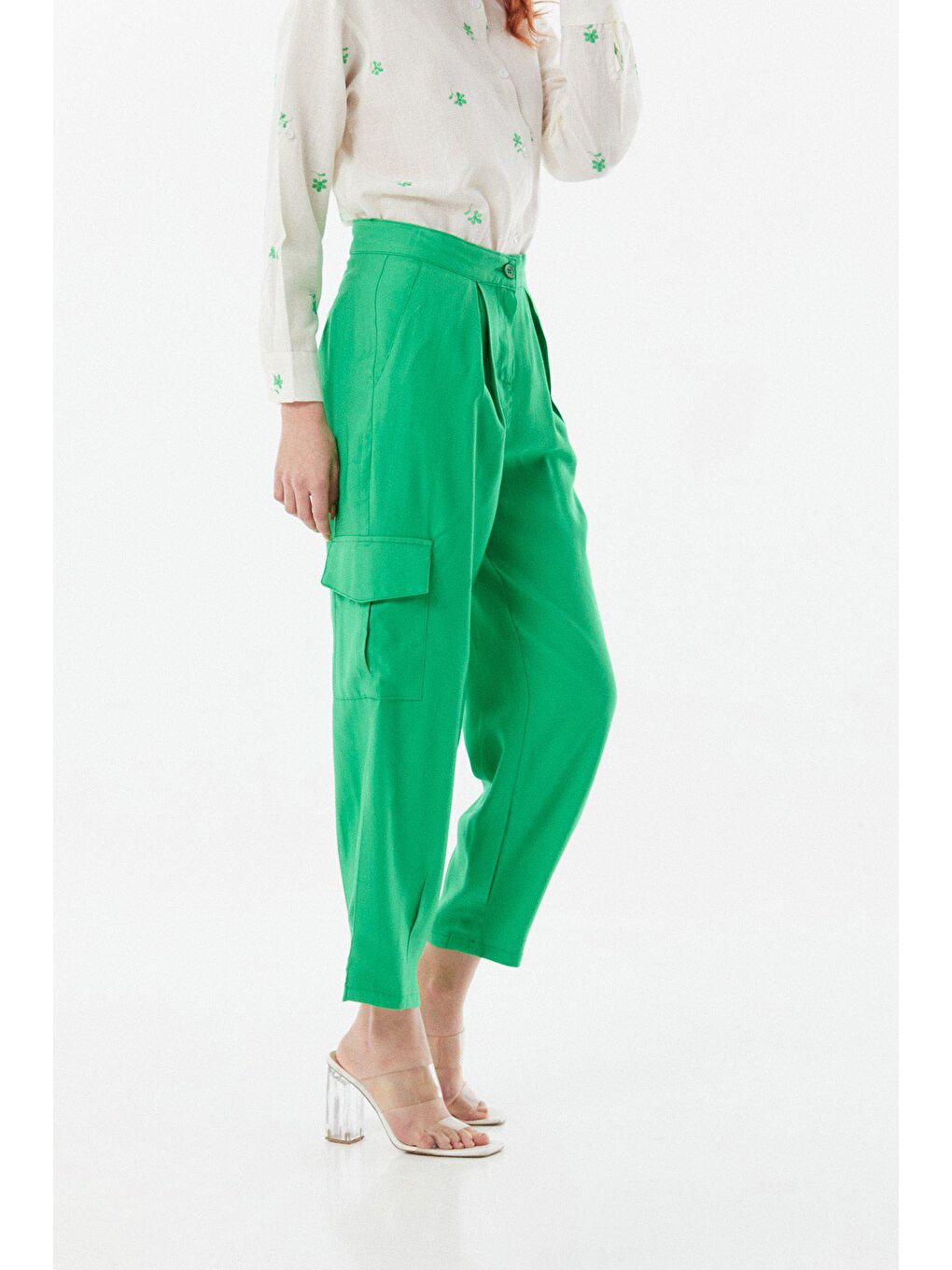 Yeşil Yüksek Bel Kargo Cepli Pantolon-4