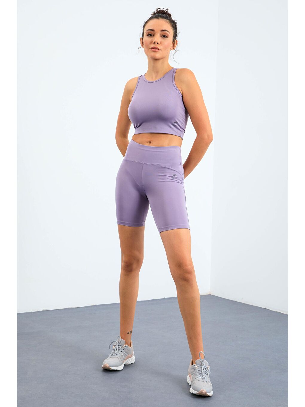 Mor Eflatun Yüksek Bel Toparlayıcı Dar Kalıp Crop Biker Kadın Tayt Takım - 95302-1