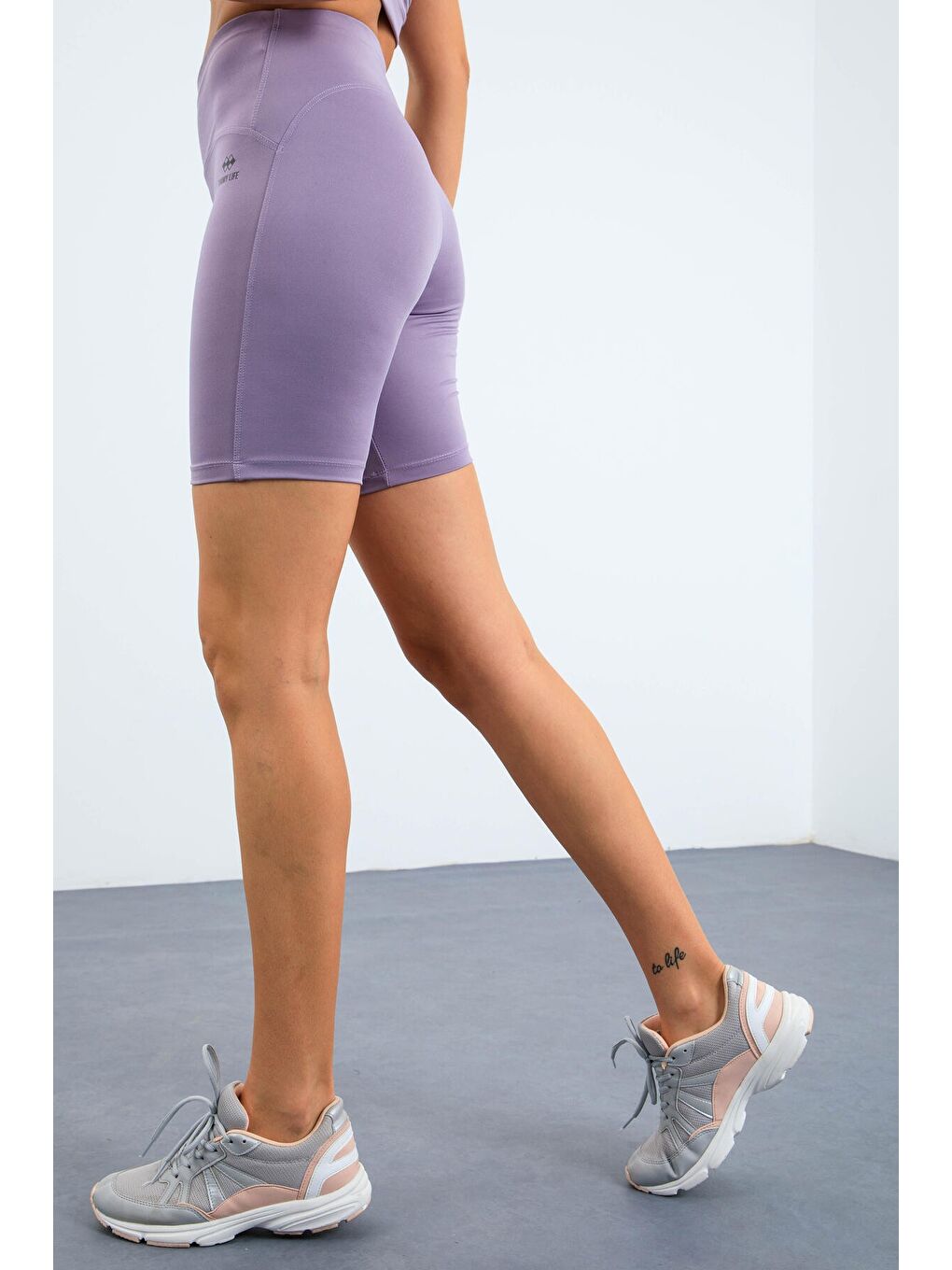 Mor Eflatun Yüksek Bel Toparlayıcı Dar Kalıp Crop Biker Kadın Tayt Takım - 95302-2