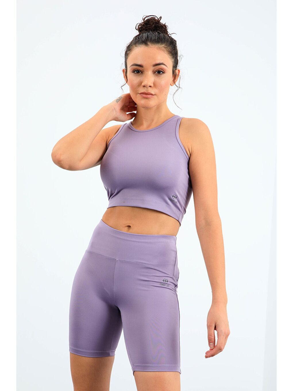 Mor Eflatun Yüksek Bel Toparlayıcı Dar Kalıp Crop Biker Kadın Tayt Takım - 95302-3