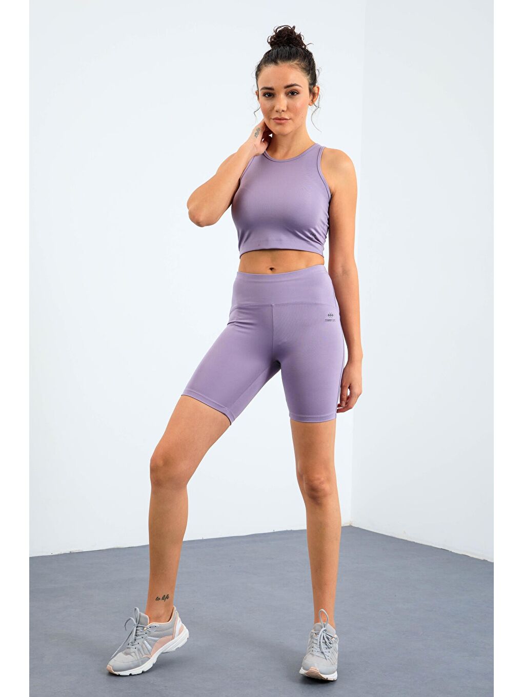 Mor Eflatun Yüksek Bel Toparlayıcı Dar Kalıp Crop Biker Kadın Tayt Takım - 95302-4