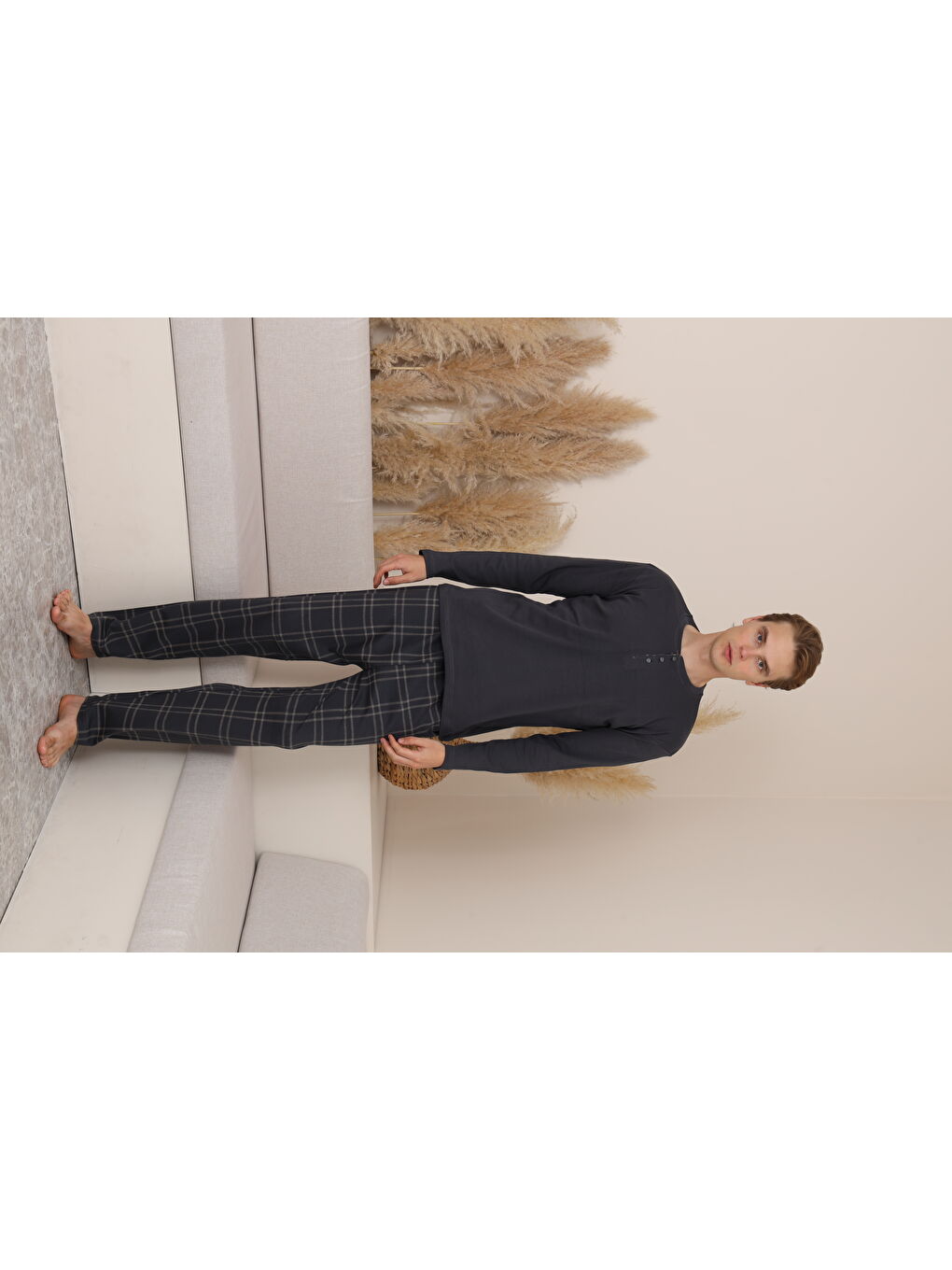 Gri Erkek %100 Doğal Pamuk Ekoseli Düğmeli Uzun Kol Kaliteli Pijama Takımı