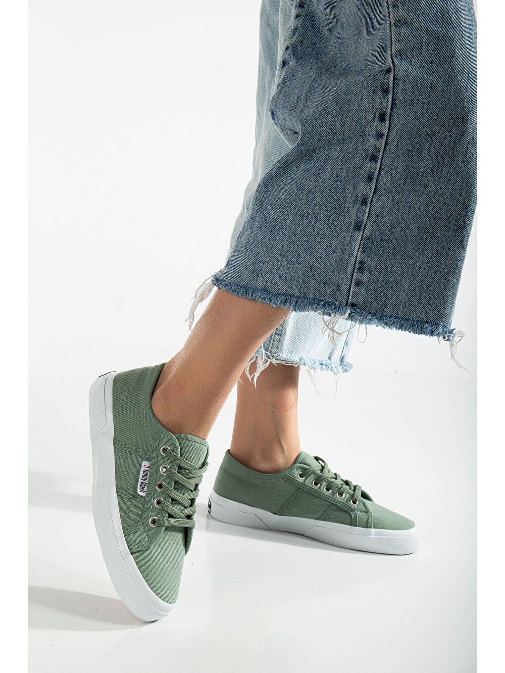 Kadın Yeşil Rahat Kalıp Krep Taban Bağcıklı Keten Günlük Ayakkabı-1