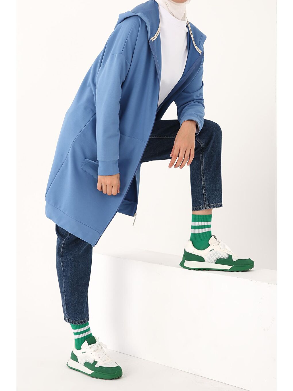 Soft Mavi Kapüşonlu Fermuarlı Sweat Hırka