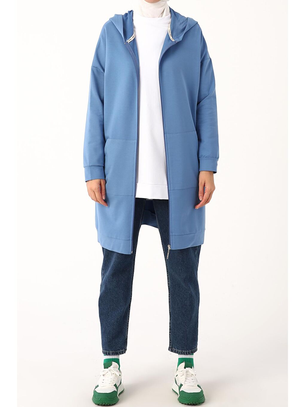 Soft Mavi Kapüşonlu Fermuarlı Sweat Hırka-1