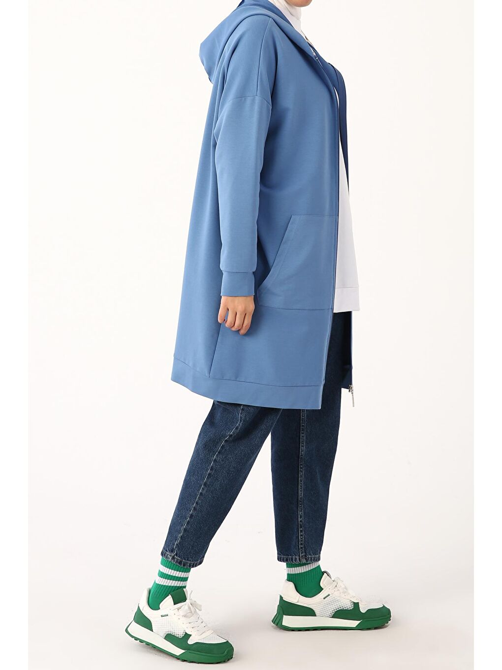 Soft Mavi Kapüşonlu Fermuarlı Sweat Hırka-3