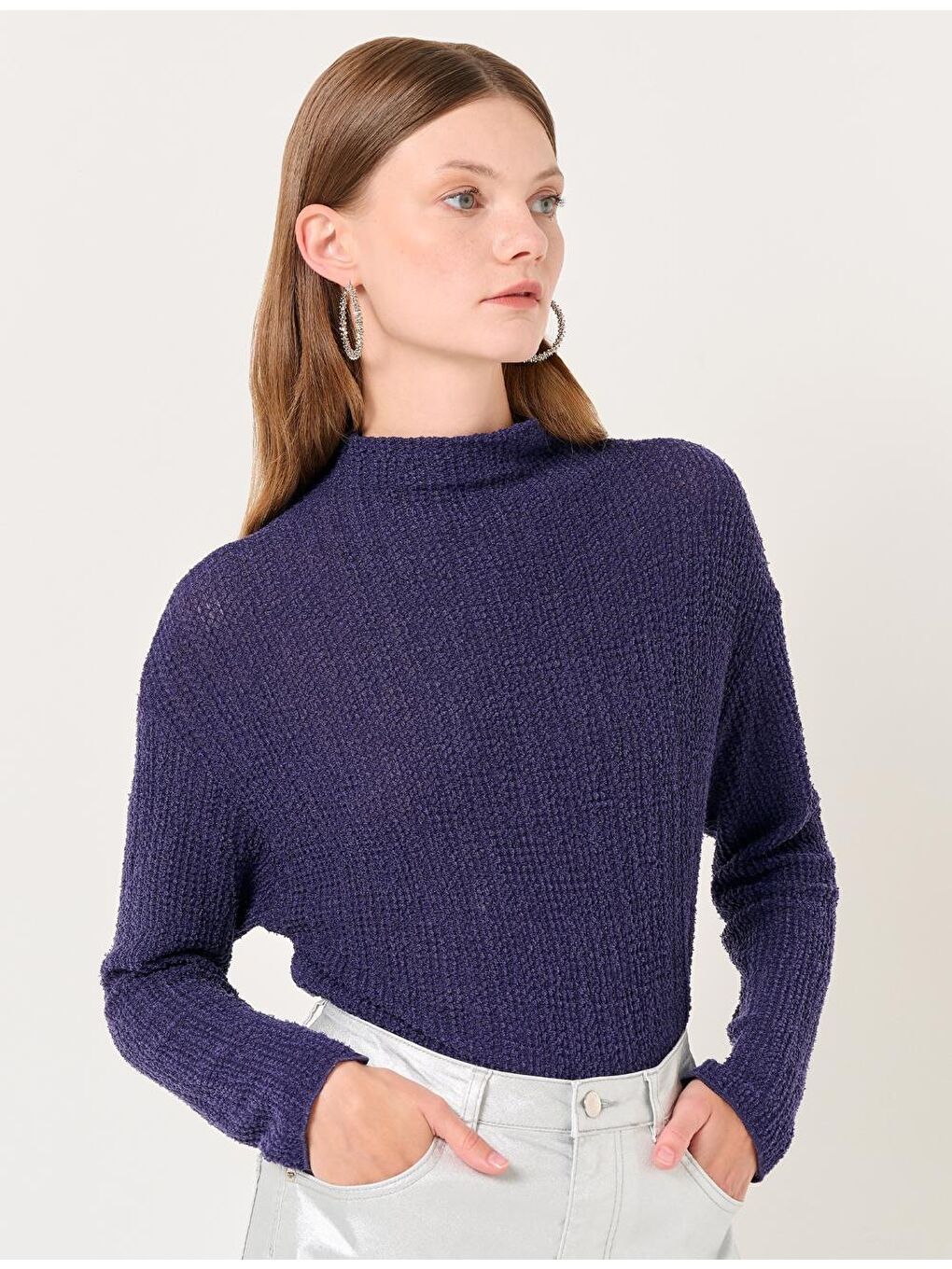 Mor Yarım Balıkçı Yaka Uzun Kollu Düz Bluz