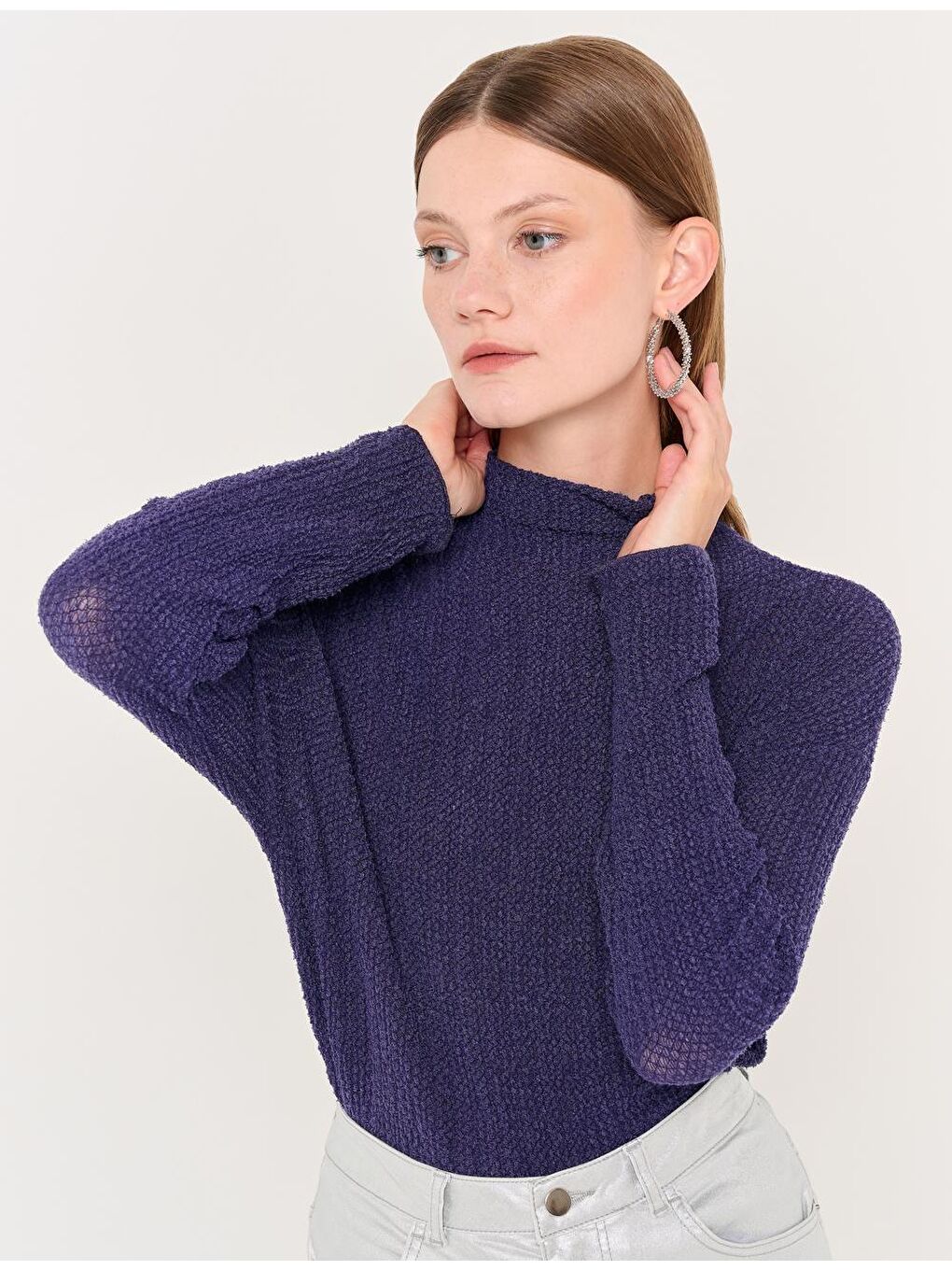 Mor Yarım Balıkçı Yaka Uzun Kollu Düz Bluz-2