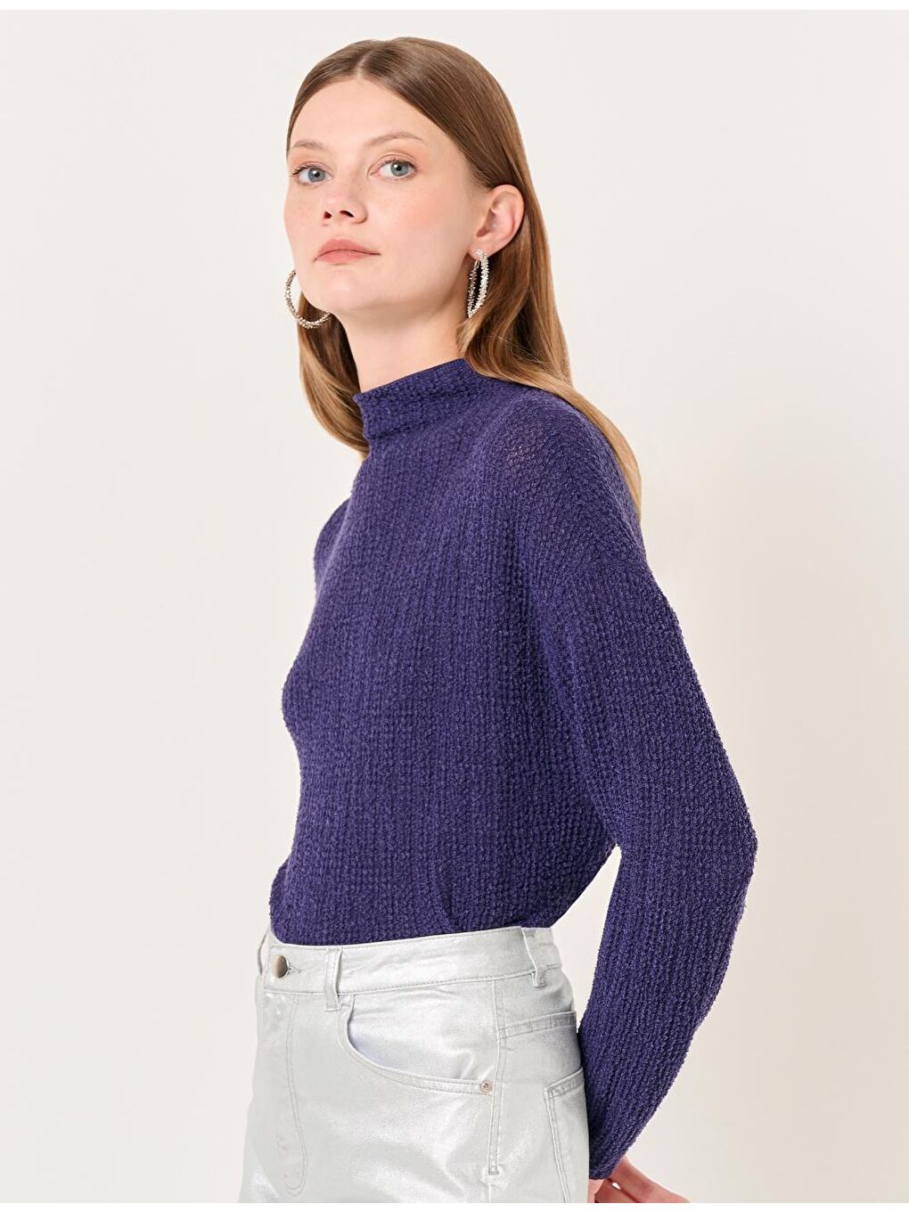 Mor Yarım Balıkçı Yaka Uzun Kollu Düz Bluz-3