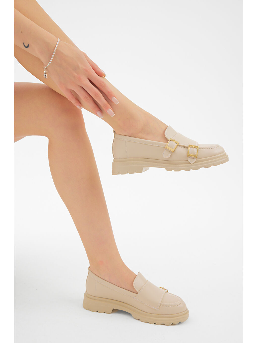 Kadın Bej Kalın Poli Taban Çift Tokalı Günlük Loafer-3