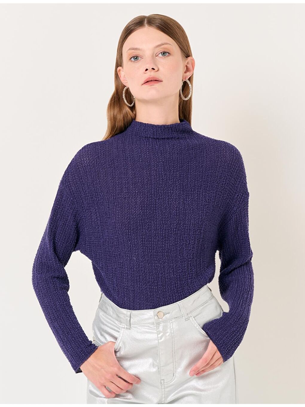 Mor Yarım Balıkçı Yaka Uzun Kollu Düz Bluz-4