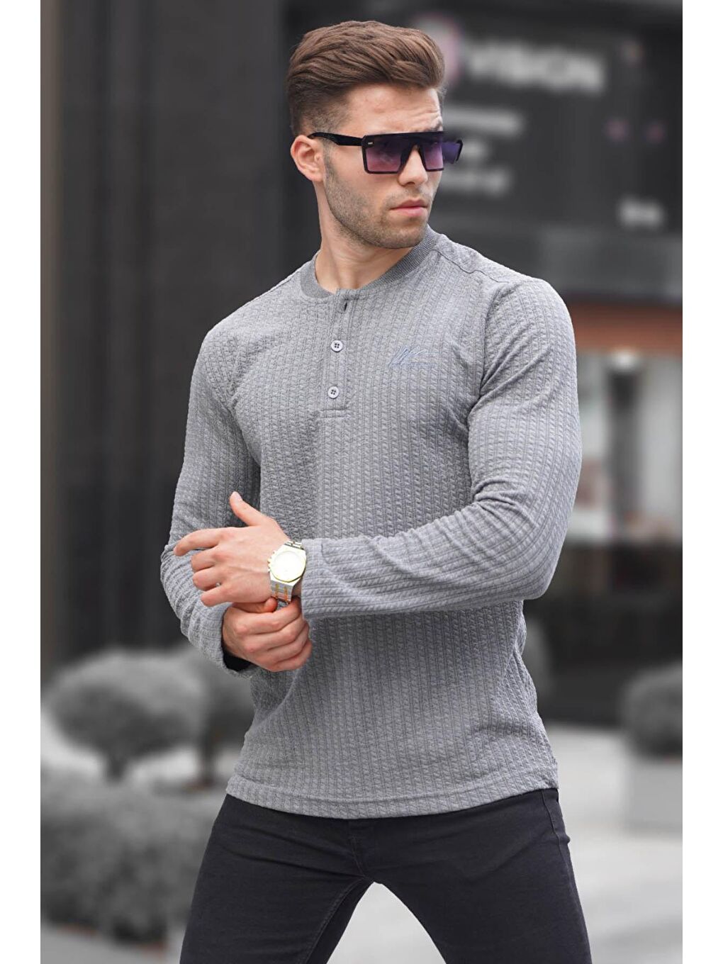 Gri Waffle Kumaş Basic Kazak 6007