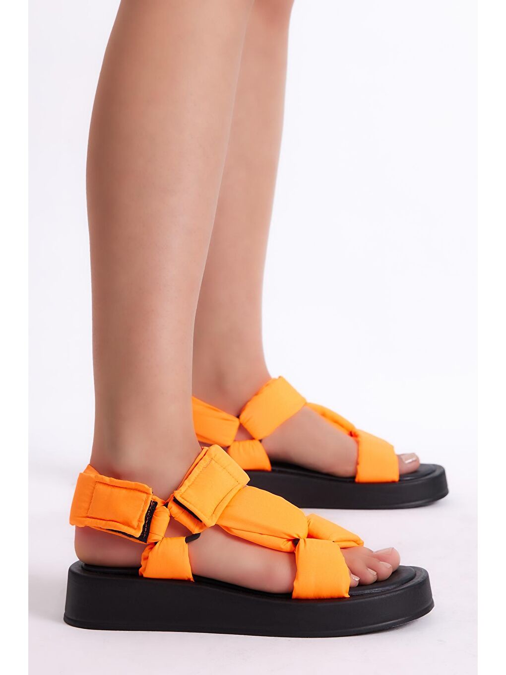 Turuncu Kadın Oranj Paraşüt Kumaş Cırtlı Yüksek Taban Sandalet-1