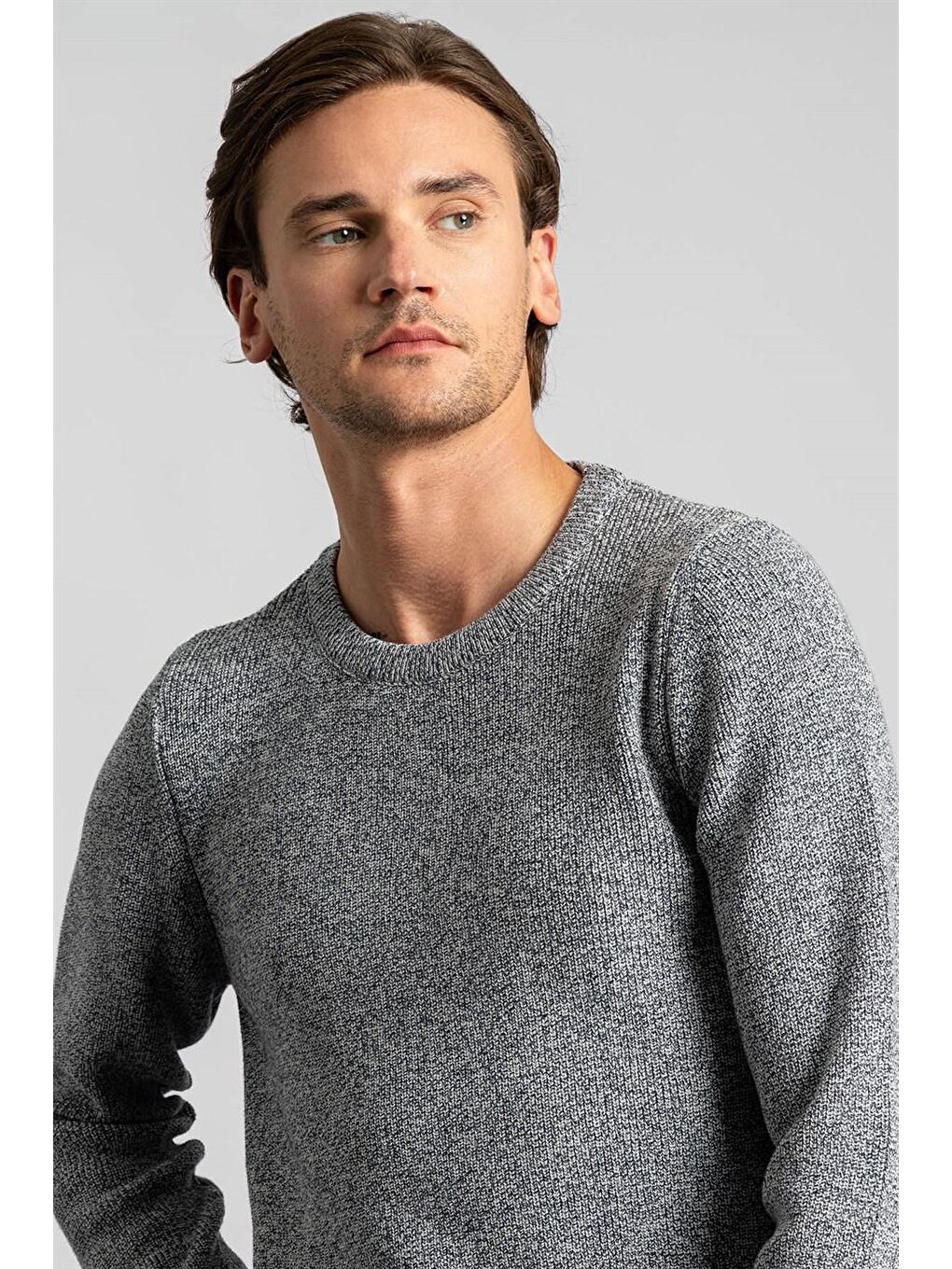 Slim Fit Bisiklet Yaka Kendinden Desenli Erkek Gri Kazak