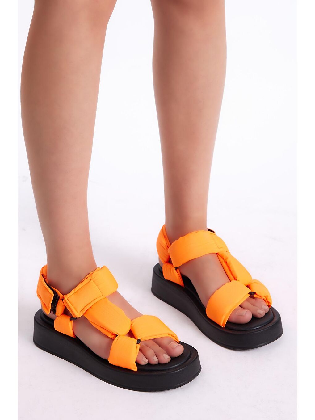 Turuncu Kadın Oranj Paraşüt Kumaş Cırtlı Yüksek Taban Sandalet-2