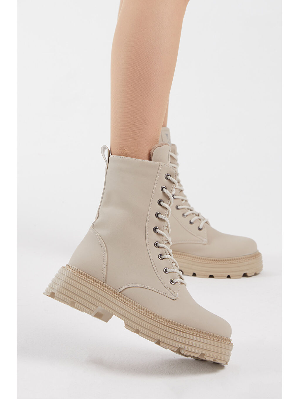 Ekru Kadın Krem Cilt Rahat Kalıp Kalın Taban Bağcıklı ve Fermuarlı Bot-5