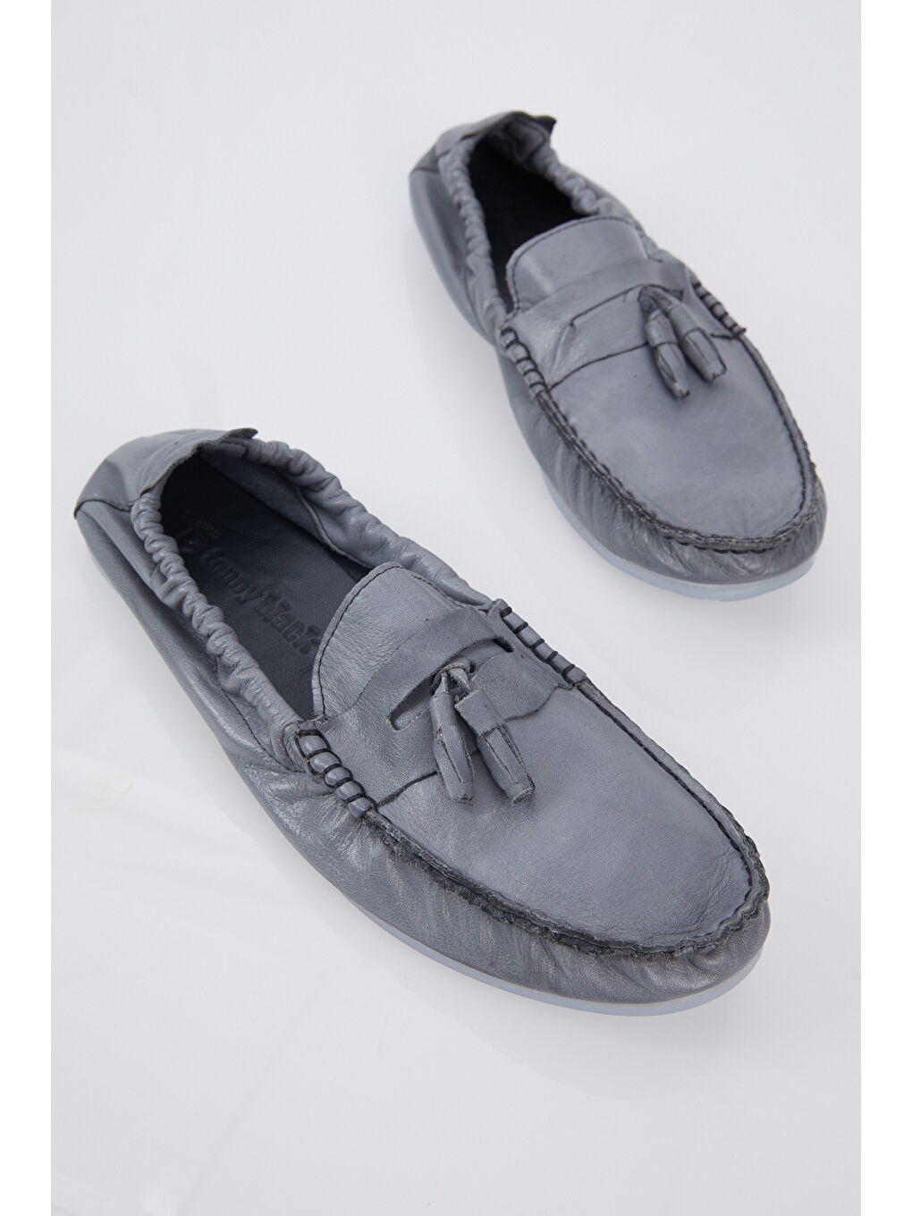 Erkek Gri Önü Püsküllü Arkası Lastikli Rahat Kalıp Hakiki Deri Loafer-1
