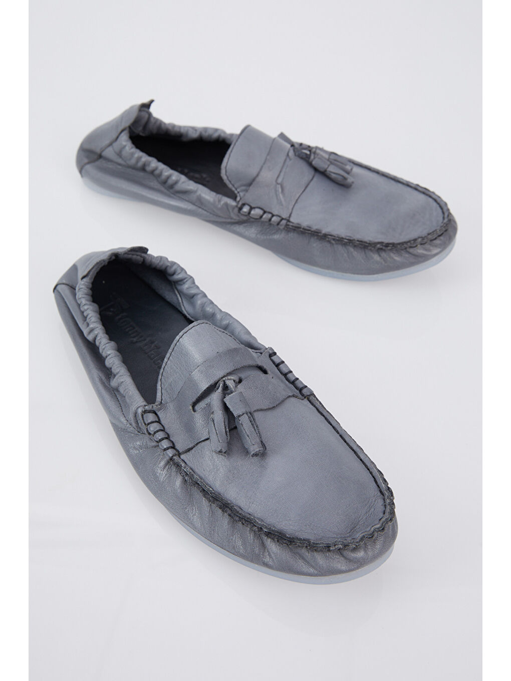 Erkek Gri Önü Püsküllü Arkası Lastikli Rahat Kalıp Hakiki Deri Loafer-2