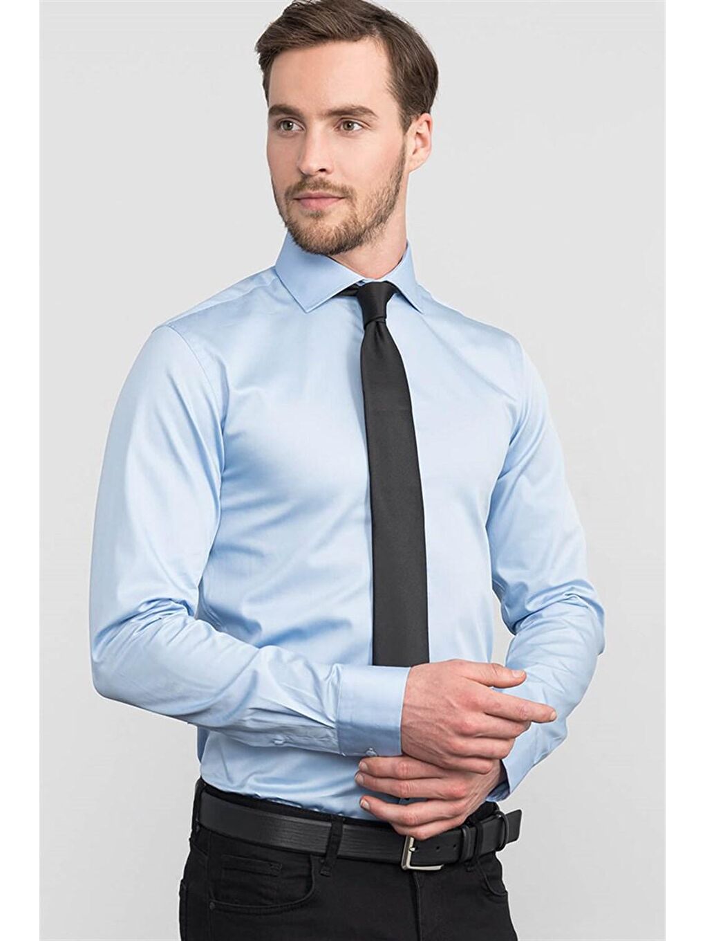 Slim Fit Pamuk Saten Erkek Mavi Gömlek-1