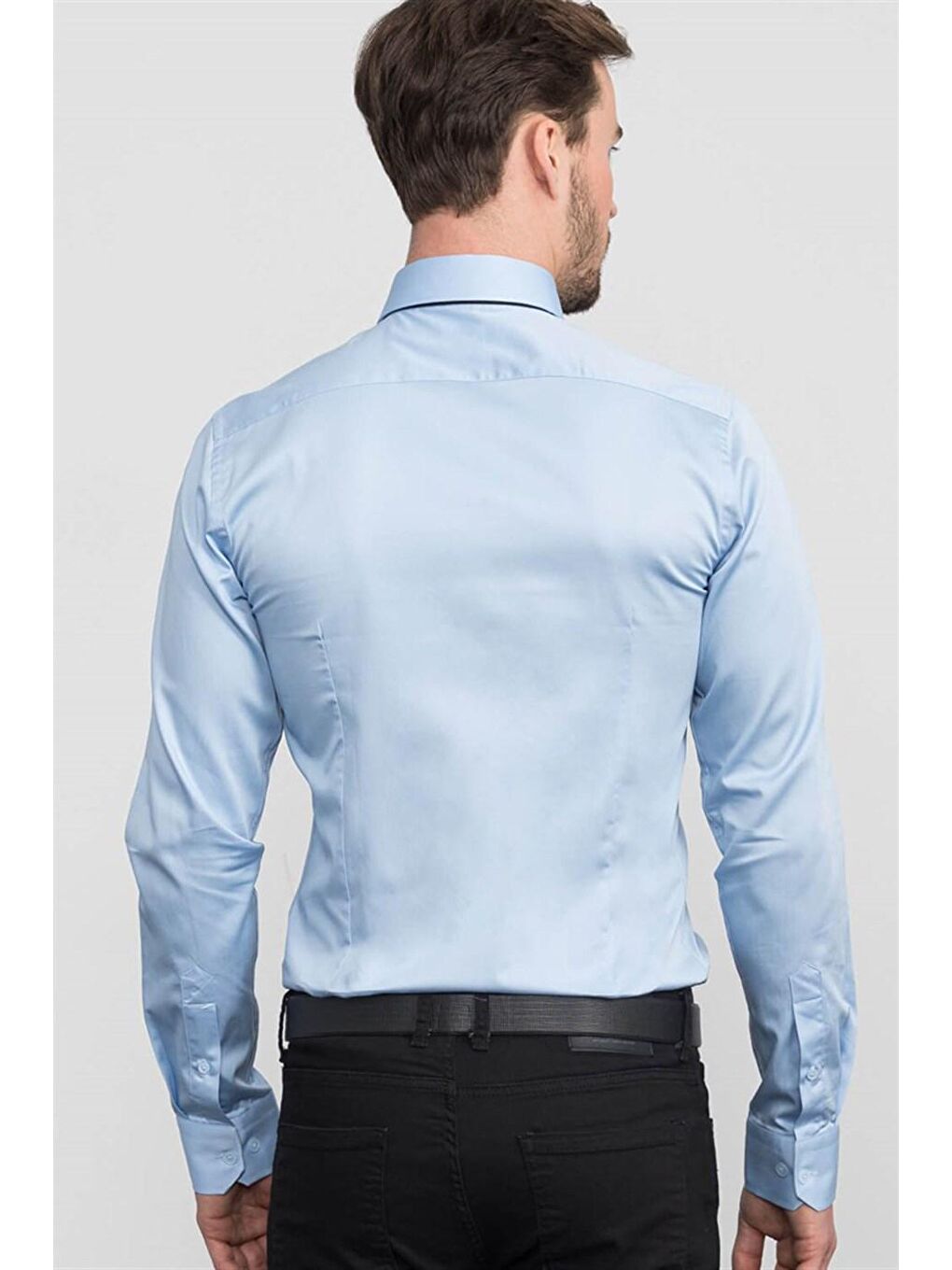 Slim Fit Pamuk Saten Erkek Mavi Gömlek-3