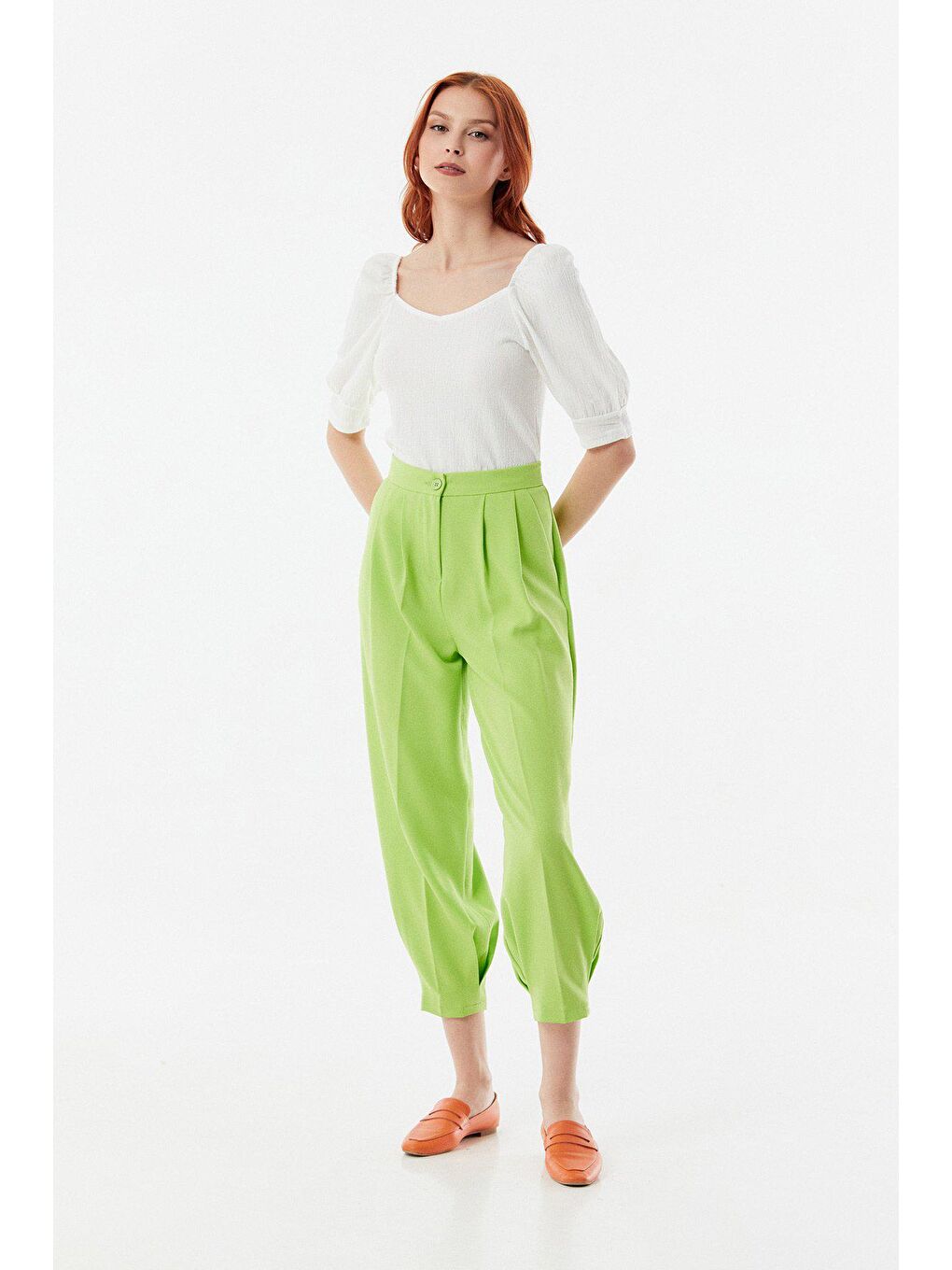 Yeşil Yüksek Bel Paçası Pensli Şalvar Pantolon