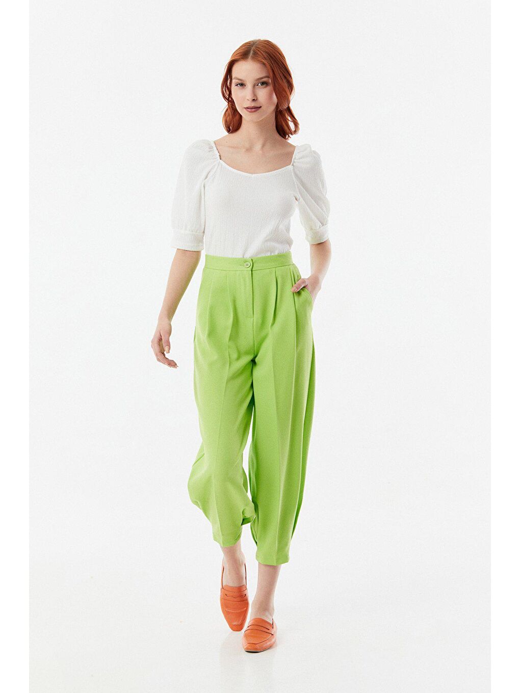 Yeşil Yüksek Bel Paçası Pensli Şalvar Pantolon-2