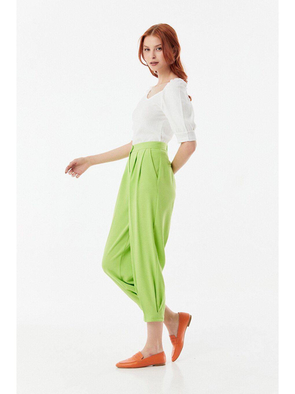 Yeşil Yüksek Bel Paçası Pensli Şalvar Pantolon-3