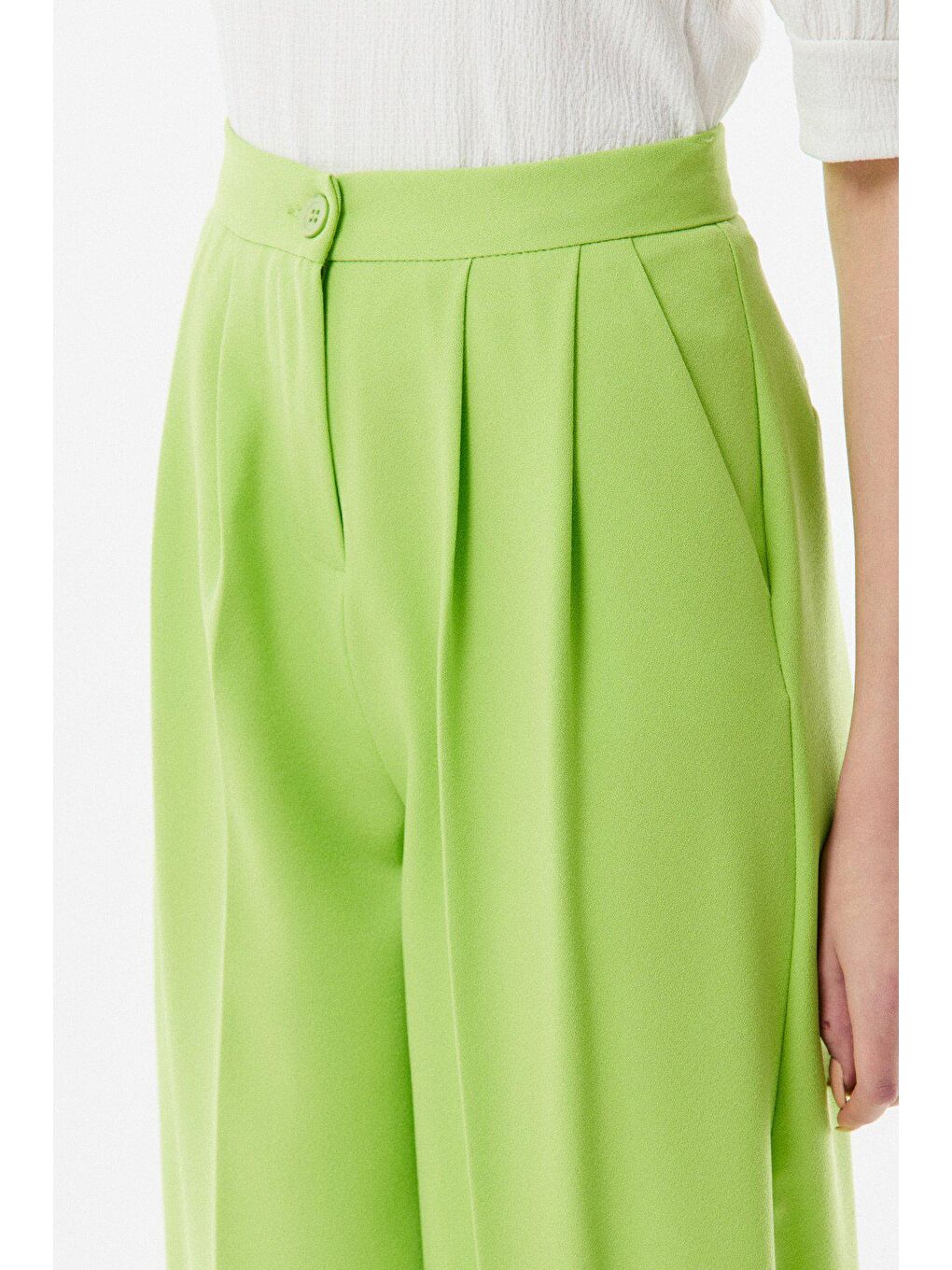 Yeşil Yüksek Bel Paçası Pensli Şalvar Pantolon-4