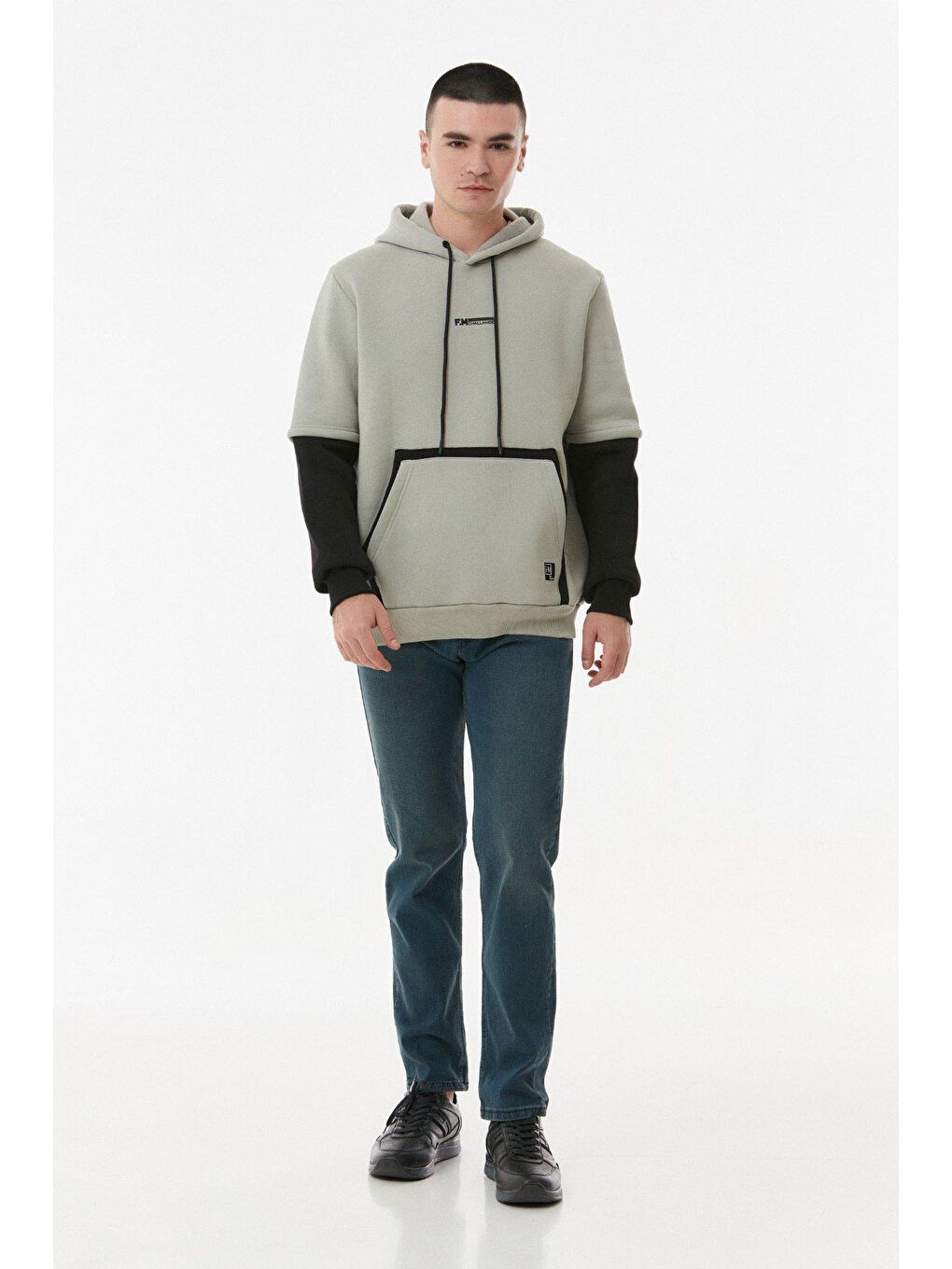 Gri Kanguru Cepli Kapüşonlu Sweatshirt-1