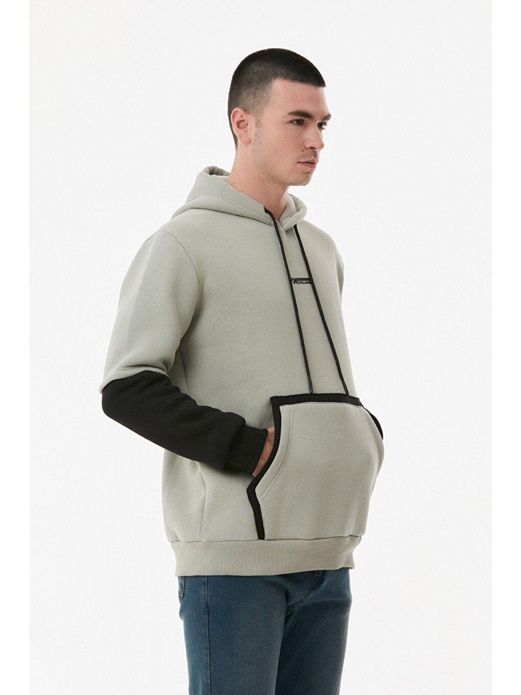 Gri Kanguru Cepli Kapüşonlu Sweatshirt-4