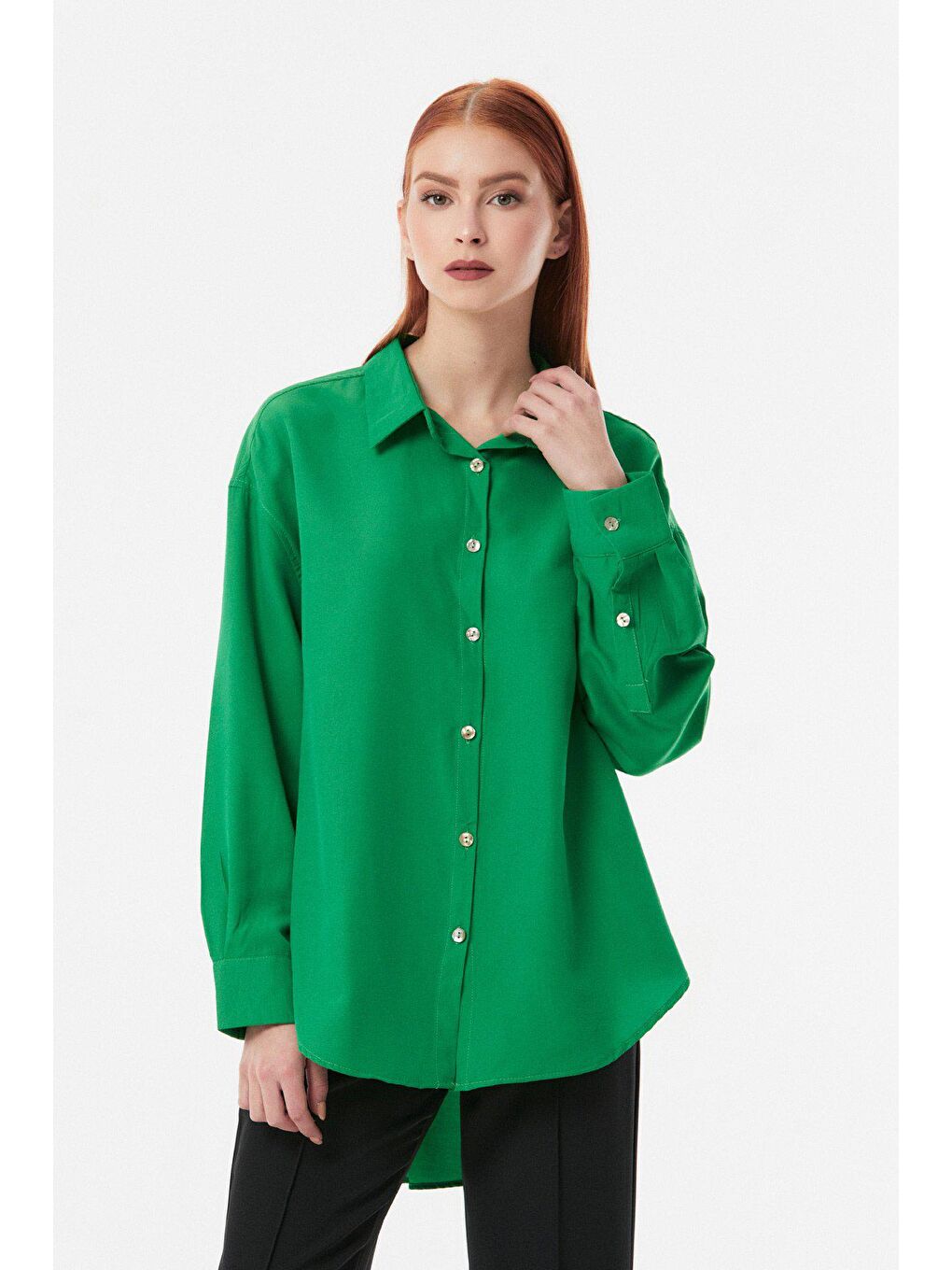 Yeşil Basic Arkası Düğmeli Oversize Gömlek