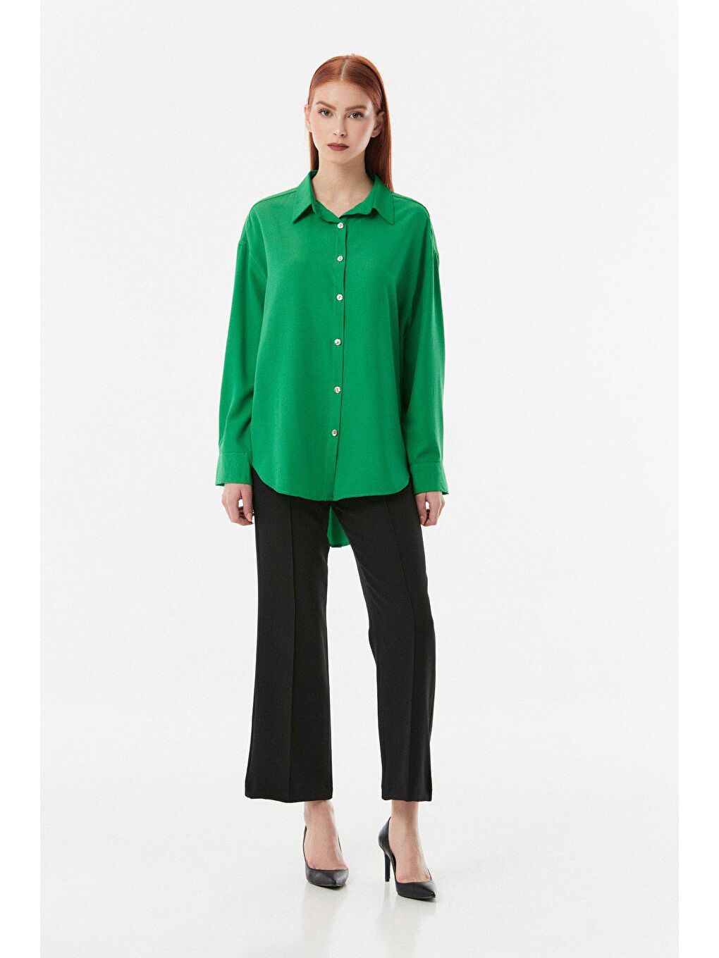 Yeşil Basic Arkası Düğmeli Oversize Gömlek-1