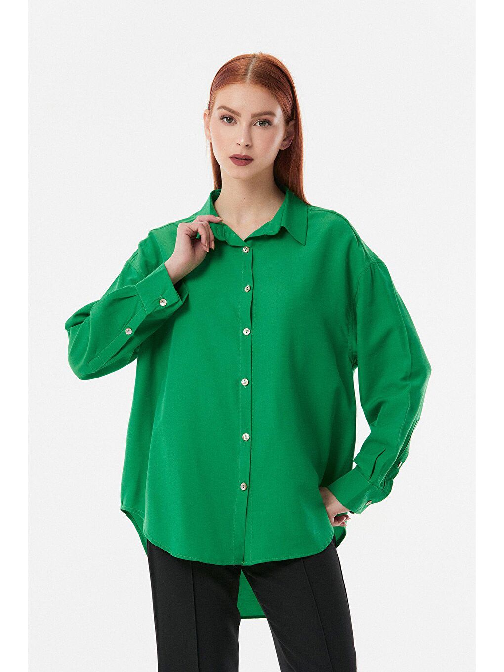 Yeşil Basic Arkası Düğmeli Oversize Gömlek-2