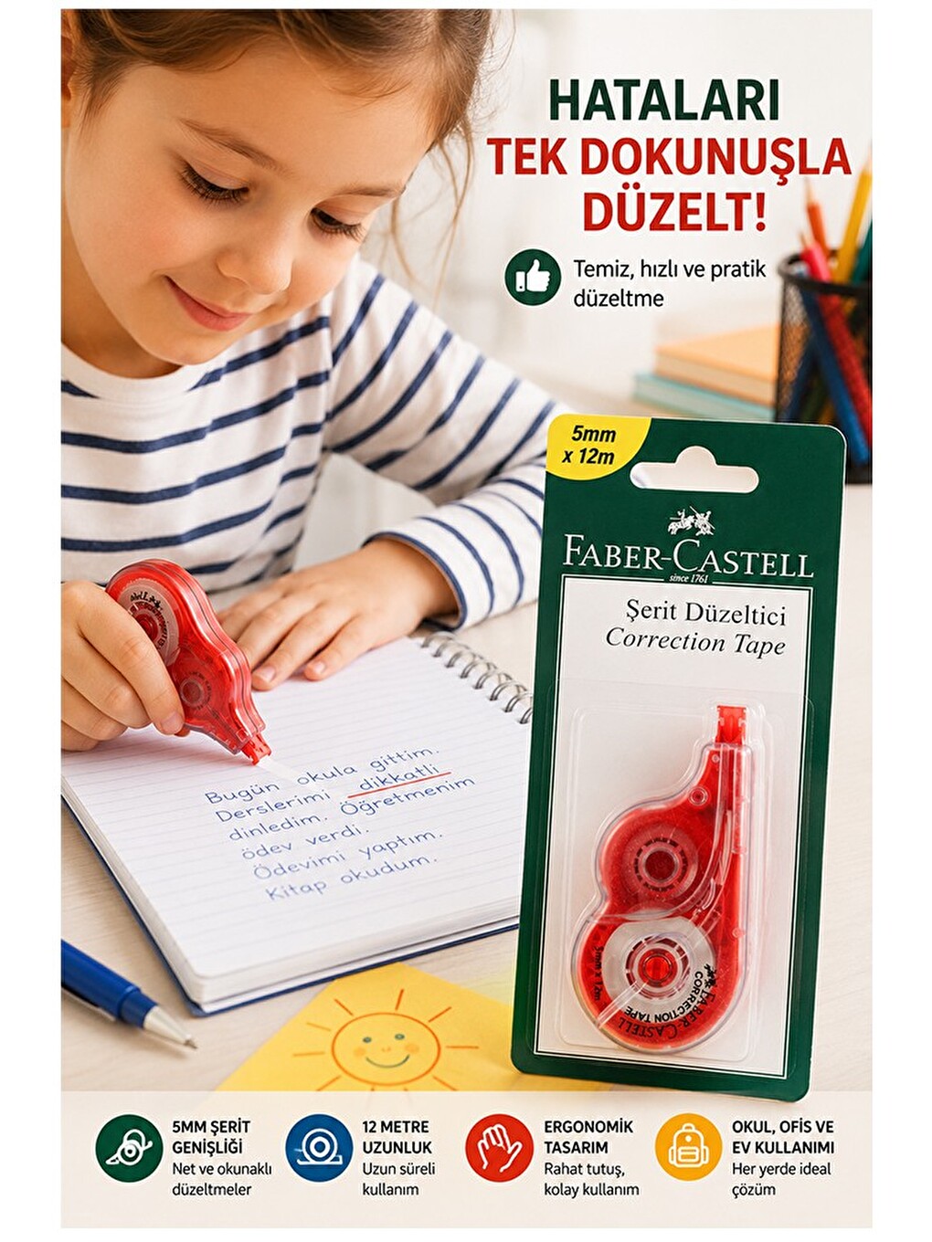 Şerit Daksil Beyaz 5mmx12 Metre 1 Adet Faber Castell Şerit Düzeltici Şerit Silici Yazı Silici Büro-3