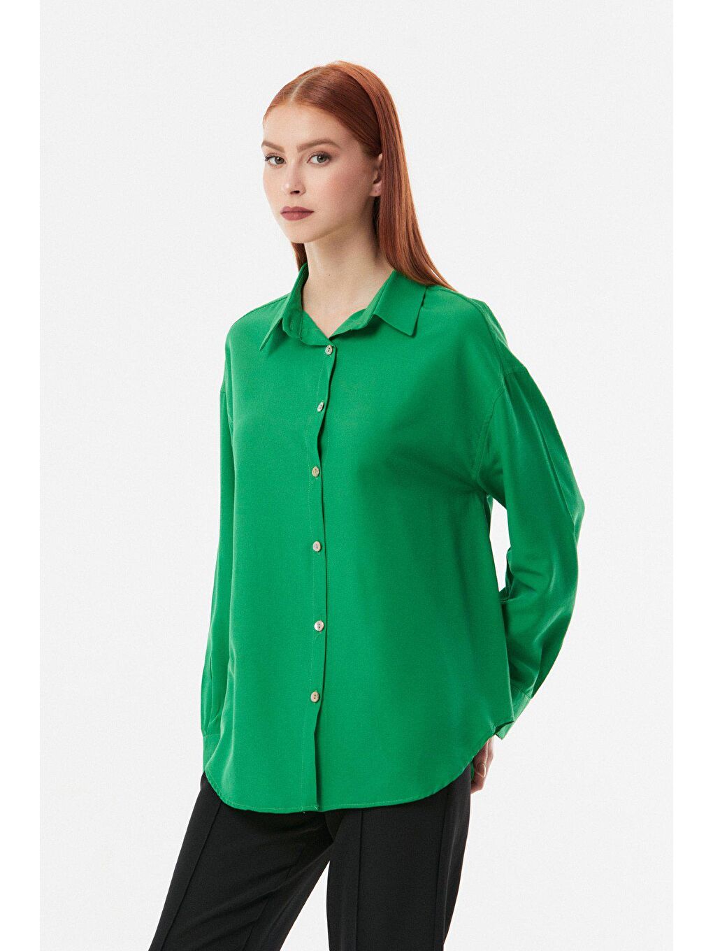 Yeşil Basic Arkası Düğmeli Oversize Gömlek-4