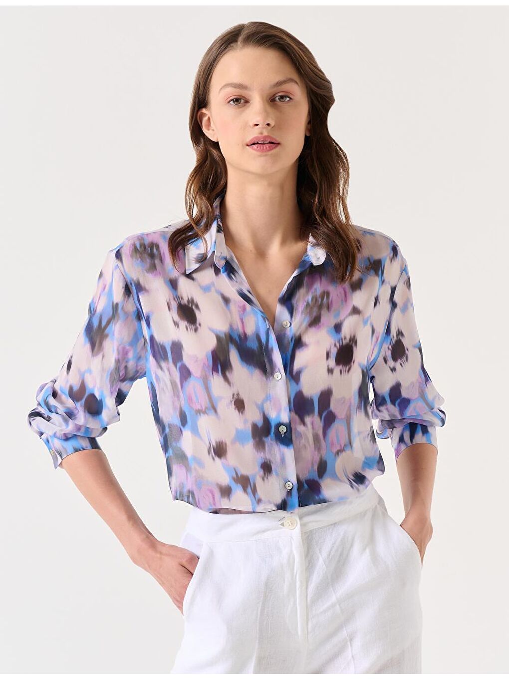 Lila Uzun Kollu Desenli Şifon Gömlek