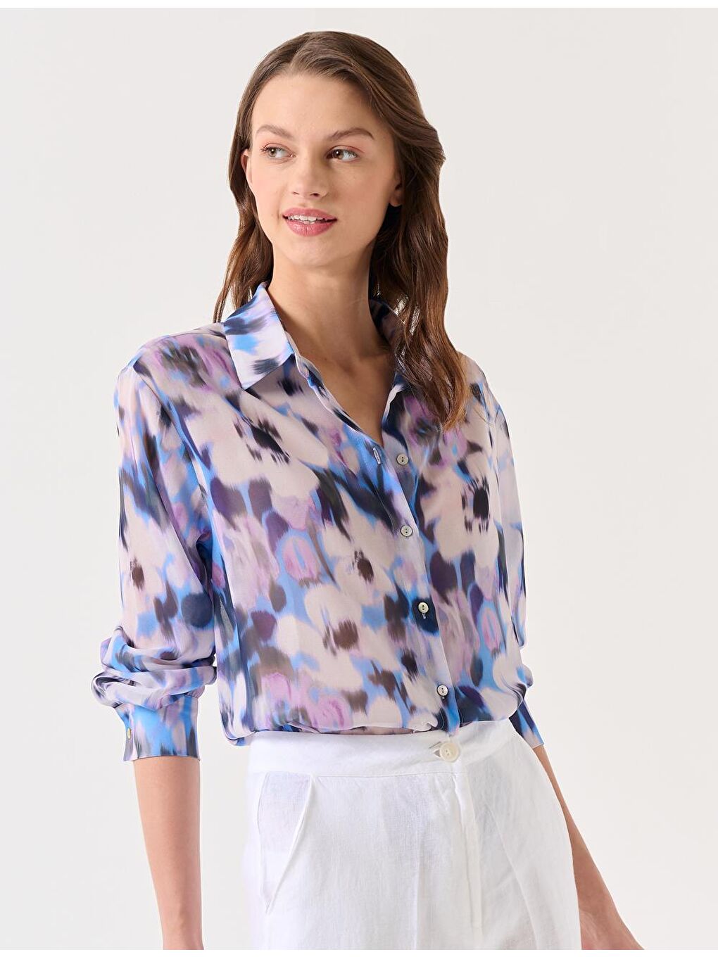 Lila Uzun Kollu Desenli Şifon Gömlek-1